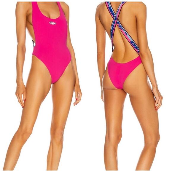 Off-White Logo-Tape Swimsuit Fuchsia/White Size 40/ Small - Picture 1 of 9